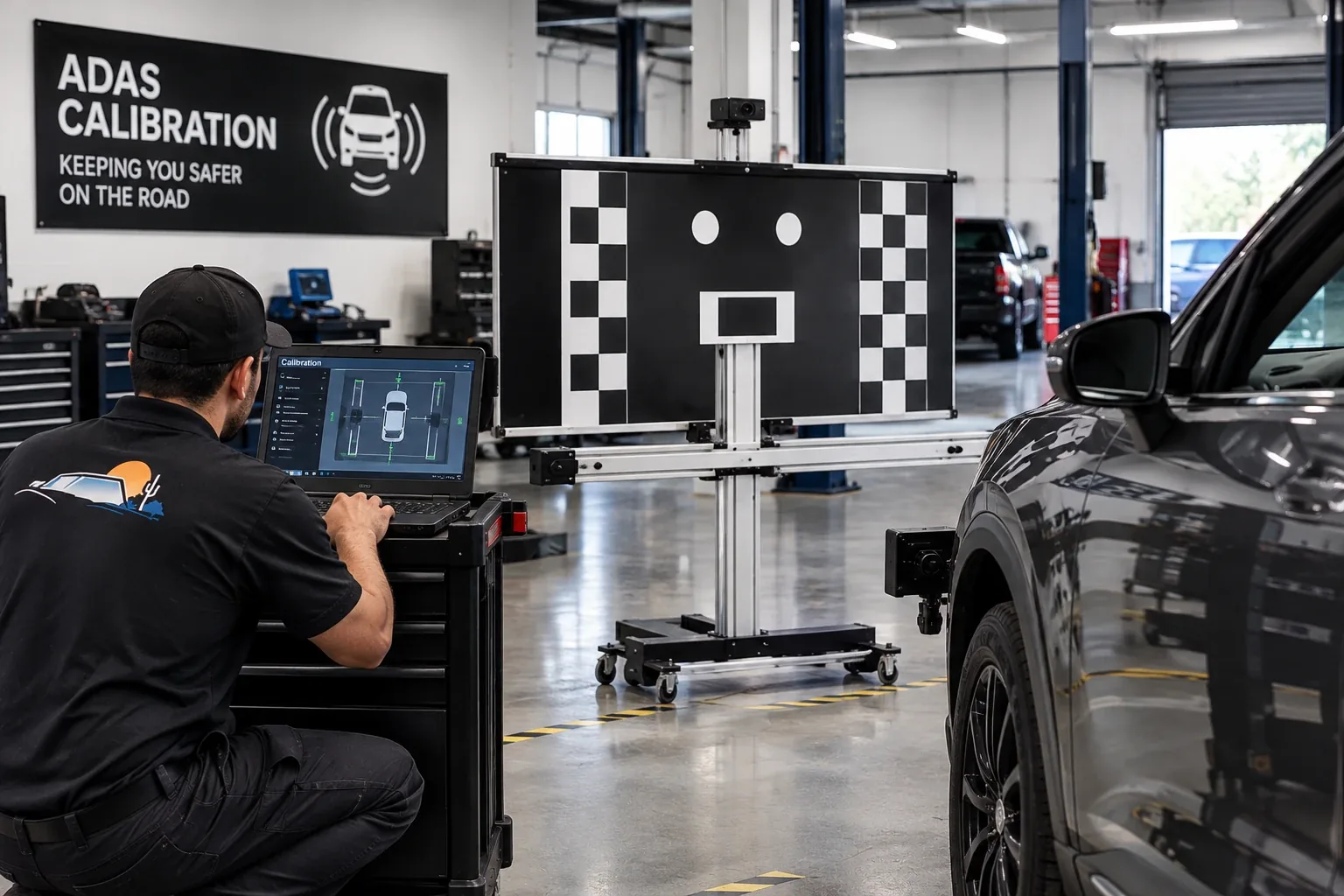 Auto Glass of San Rafael technician running a static ADAS camera calibration with a target board and diagnostic laptop