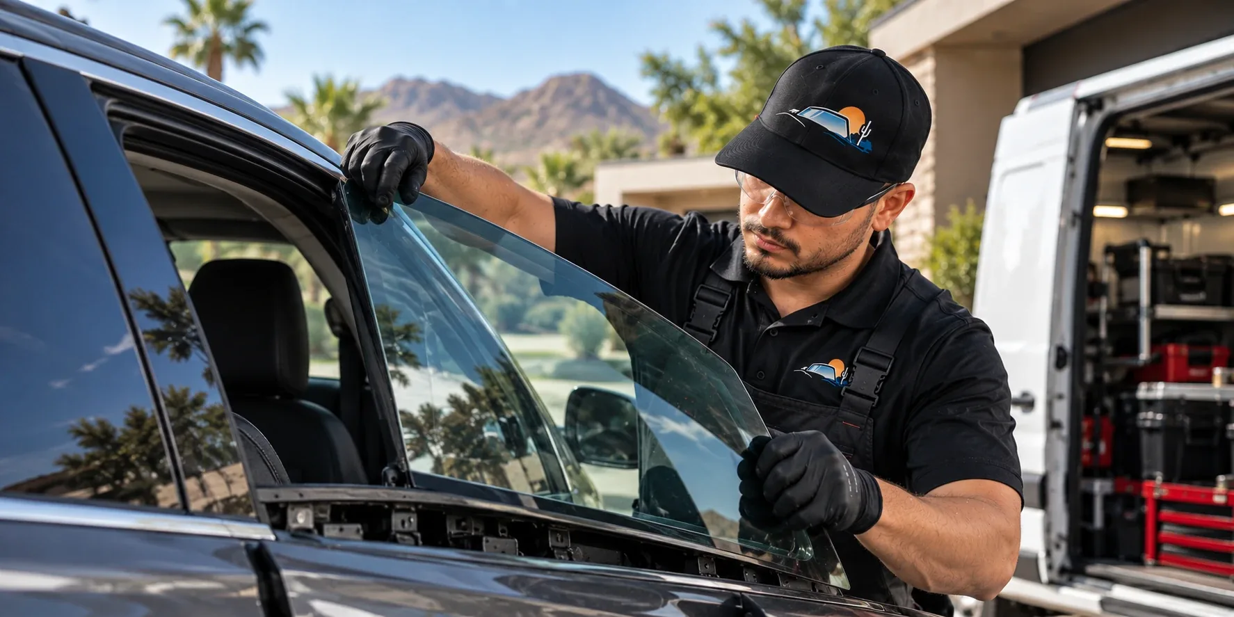 Auto Glass of San Rafael technician fitting new door glass into an SUV at a San Rafael home